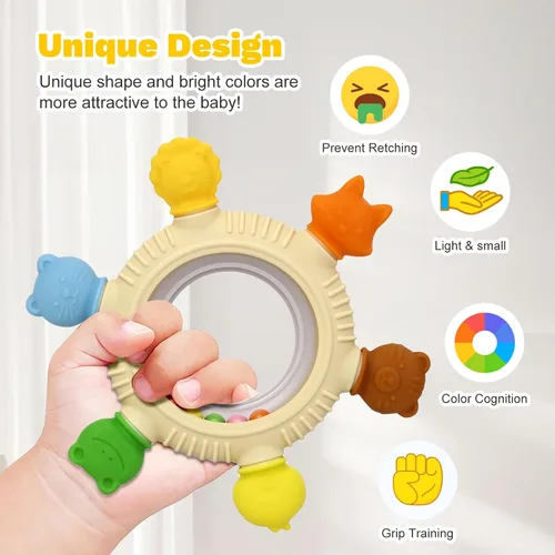 Miniatura 3 de Paquete de 2 juguetes sensoriales para bebés, anillos de dentición para bebés de 0-6, 6 a 12 meses, mordedores de silicona para alivio