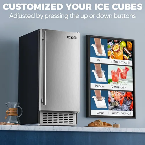 Miniatura 6 de Coolski Máquina de Hielo Comercial Bajo Mostrador de 15" de Ancho, 80 LBS/Día de Acero Inoxidable Incorporada e Independiente con Filtro de Agua