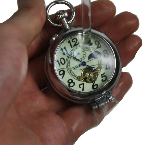 Miniatura 2 de OGLE Lupa plateada impermeable Tourbillon Phases Moon Chain Fob Auto Bobinado automático Skeleton Half Hunters Reloj de bolsillo mecánico