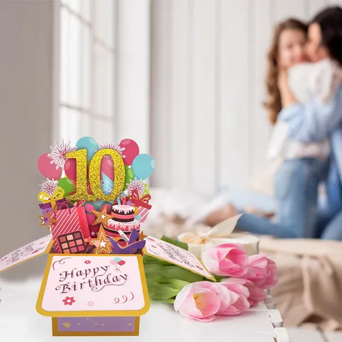 Miniatura 4 de Asmallgf Tarjeta Emergente Feliz 10 Cumpleaños para Hija Sobrina, Mejor Regalo de Cumpleaños para Niña Niño de 10 Años, Dulces Decoraciones