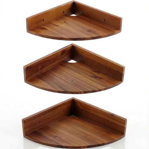 Demigo Juego de 3 estantes de esquina para montaje en pared, de madera de acacia maciza, redondos, flotantes para almacenamiento y exhibición,