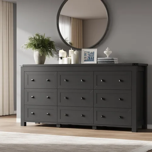 Miniatura 33 de BORNOON Cómoda de 9 cajones, moderna cómoda de almacenamiento de madera, soporte de TV, organizador de cajones de madera con asas de metal