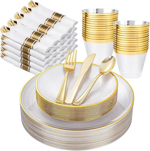Miniatura 17 de Morejoy 175 platos de plástico rojo, platos desechables rojos con borde dorado, juego de vajilla de plástico rojo y dorado incluye: 50 platos, 25