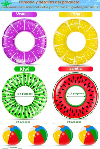 Miniatura 5 de Paquete de 8 flotadores inflables de piscina para niños, 4 tubos de natación de frutas y 4 bolas de playa, flotadores de piscina, juguetes de playa