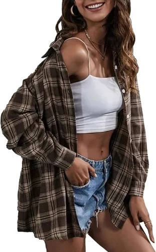 Zontroldy Camisas de Franela a Cuadros para Mujer de Talla Grande Manga Larga con Botones a Cuadros Buffalo Camisa Blusa Tops
