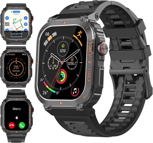 Miniatura 10 de Reloj inteligente para hombre, relojes inteligentes militares con GPS con llamada/texto, monitor de salud (frecuencia cardíaca/spO2/sueño), Negro