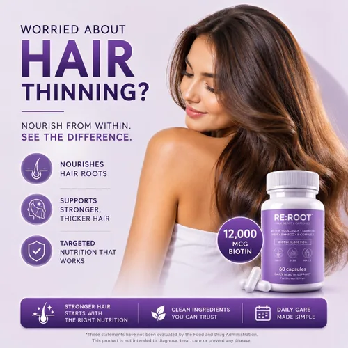 Miniatura 3 de RE:ROOT Cápsulas de belleza capilar – Biotina 12,000 mcg, colágeno, queratina, MSM, bambú – para cabello, piel y uñas – 60 cápsulas veganas