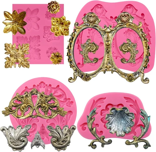 Funshowcase Medallón floral de acanto Flourish Scroll Lace Fondant Moldes de silicona para decoración de pasteles, proyectos de manualidades de