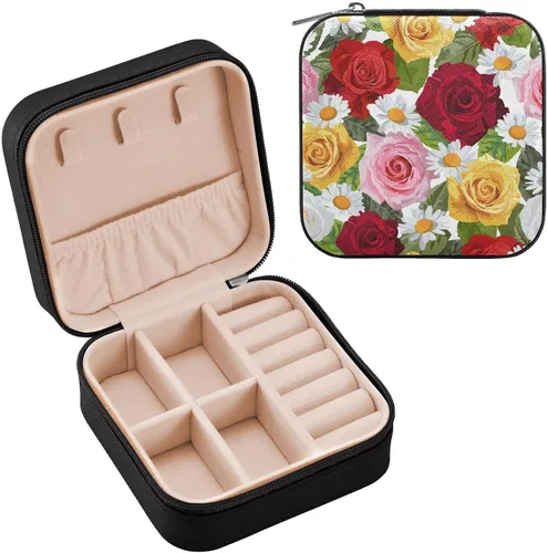 Miniatura 2 de Kigai Rose Daisy Travel Jewelry Box Organizer for Women, PU Leather Portable Small Jewelry Storage Holder Box for Earrings Rings Necklaces Bracelet