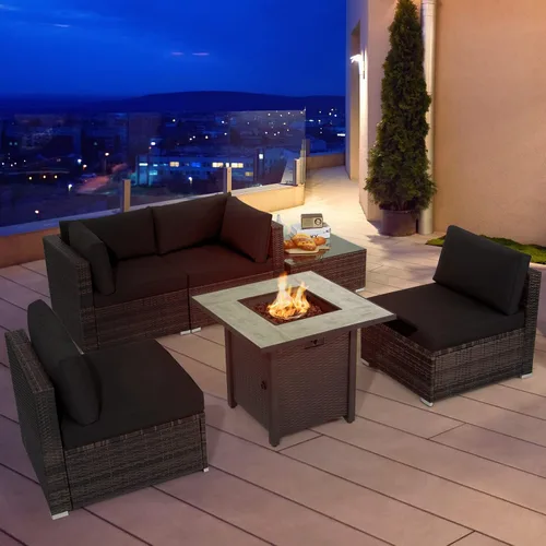 Miniatura 2 de Tangkula Patiojoy Juego de sofá de ratán para exteriores de 6 piezas con mesa de fuego de gas propano de 30 pulgadas, mesa de cerámica para fuego