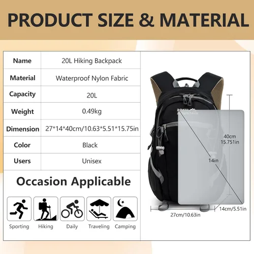 Miniatura 2 de Mochila de senderismo con cubierta contra la lluvia, mochilas de viaje de 20 litros para mujeres y hombres, mochila de camping ligera y duradera