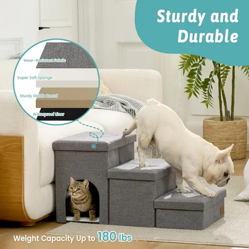 Miniatura 8 de Escaleras para perros con almacenamiento, escalones resistentes de 4 escalones más anchos para perros pequeños, medianos y grandes, rampa para Gris