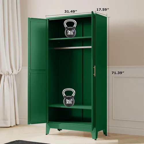 Miniatura 2 de Armario de almacenamiento de metal con espejo y barra para colgar, armario de ropa de metal de 71 pulgadas con 2 puertas y 2 estantes ajustables