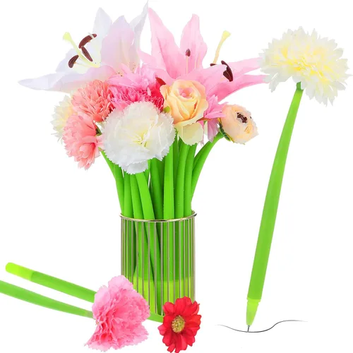 BBTO 24 bolígrafos con forma de flor para mujeres, margarita, rosa, lirio, clavel, con punta de flor, bolígrafo de gel negro, regalo para el Día de