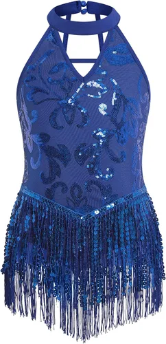 Miniatura 8 de IBAKOM Body de lentejuelas brillantes con flecos y cuello halter en V, leotardo de gimnasia para niños, espalda abierta, jazz latino, hip hop