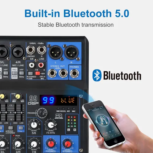 Miniatura 2 de Dj Mixers - Mezclador de audio de 8 canales con Bluetooth, interfaz de audio USB con grabación de tarjeta de sonido y 48 V Phantom Power Sounds
