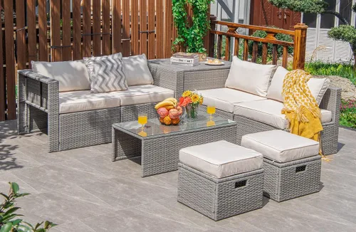 Miniatura 19 de Tangkula Patiojoy - Juego de muebles de patio de 8 piezas, sofá seccional de ratán PE para 6 personas con funda impermeable, para jardín, cubierta
