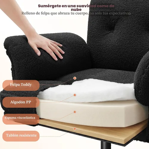 Miniatura 8 de DurayLoly Silla cruzada con ruedas y brazos, silla de tocador de felpa con bolsillos laterales, sillas de escritorio ajustables para oficina en Negro