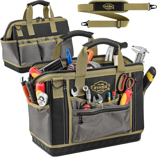 Bolsa de herramientas grande Ryker de 16 pulgadas, organizador de bolsa de herramientas resistente para hombres/mujeres, 28 bolsillos, bolsas de