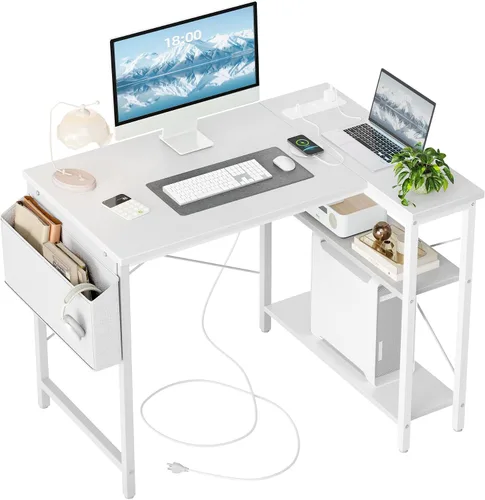 Miniatura 16 de TIQLAB - Escritorio pequeño de computadora con tomas de corriente, escritorio en forma de L de 40 pulgadas con estantes reversibles, escritorio