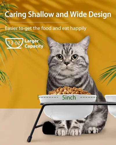 Miniatura 3 de Cuencos elevados antivómitos para gatos, 2 cuencos de cerámica para alimentos y agua para gatos de 13 onzas con soporte de acero inoxidable blanco