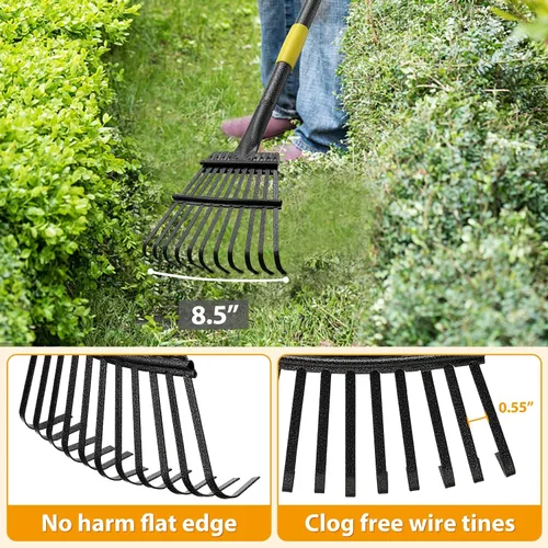 Miniatura 4 de Rastrillo de hojas de jardín para césped resistente, rastrillo de metal para patio con cabezal pequeño y estrecho de 9 pulgadas, mango largo