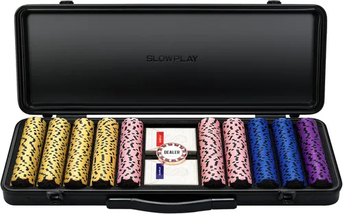 Miniatura 15 de SLOWPLAY Juego de fichas de póker de 14g de arcilla para Texas Hold'em, 500 piezas, con valores numerados, estilo Art Deco, y estuche de transporte