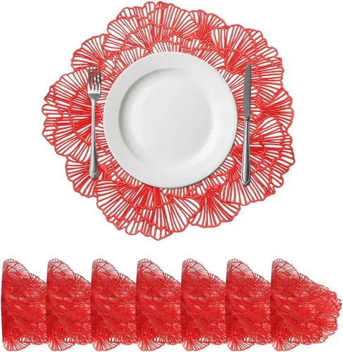 Miniatura 9 de uxcell Juego de 4 manteles individuales redondos de flores rojas para mesas de cena, manteles individuales metálicos de polivinilo prensado