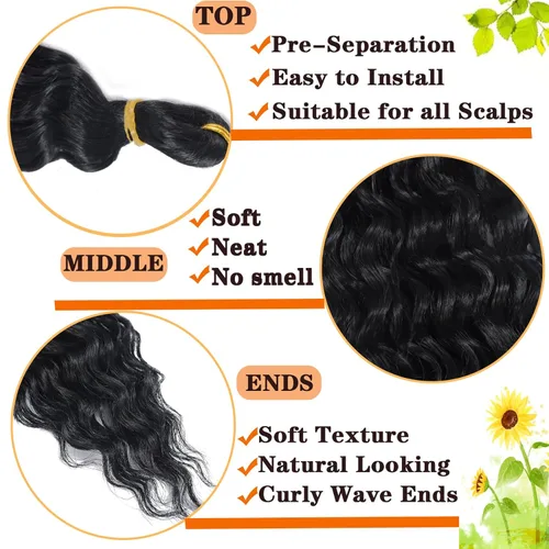 Miniatura 4 de Pelo ondulado de ganchillo de 18 pulgadas, cabello rizado trenzado, 3 paquetes de cabello trenzado de onda profunda para diosa, trenzas sin nudos