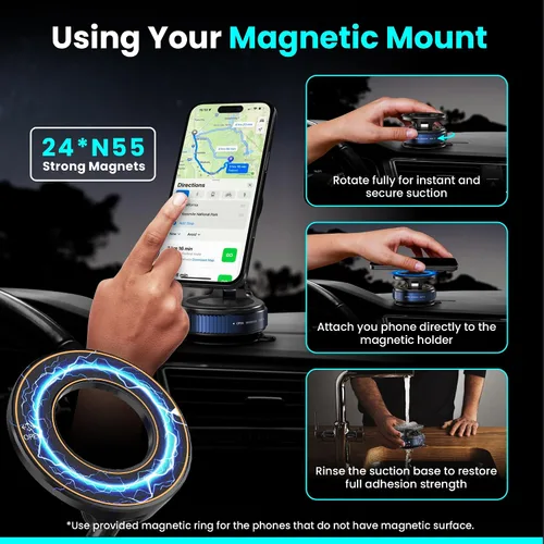 Miniatura 8 de Soporte Magnético de Sujeción al Vacío para Teléfono en el Coche – Montura de Succión Fuerte Ajustable de 360°, Montura Compatible con MagSafe