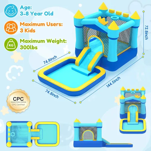 Miniatura 6 de MUKDIY - Casa inflable con piscina y tobogán, castillo de salto para parque acuático de 12 x 6.2 pies para niños, tela Oxford 840D resistente, de 3