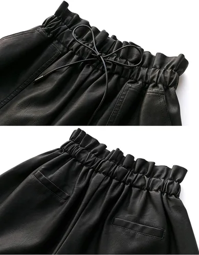 Miniatura 5 de Pantalones cortos de cuero sintético negro de cintura alta y pierna ancha para mujer