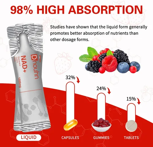 Miniatura 5 de Suplemento líquido NAD de 1500 mg, ribósido de nicotinamida y resveratrol con PQQ, suplemento NAD para mujeres y hombres, aumenta la energía