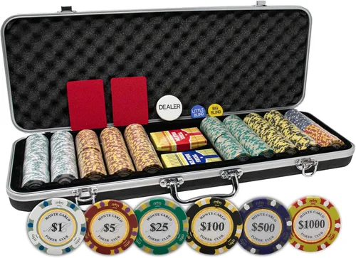 DA VINCI Monte Carlo Poker Club - Juego de 500 fichas de 0.49 oz y 3 tonos con funda ABS negra a prueba de Ding, 2 barajas de cartas de plástico, 2