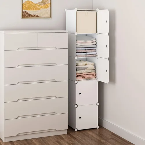 Miniatura 2 de MAGINELS Armario de almacenamiento de 5 cubos, almacenamiento estrecho de ropa con puertas, estantes organizadores de pie altos de plástico