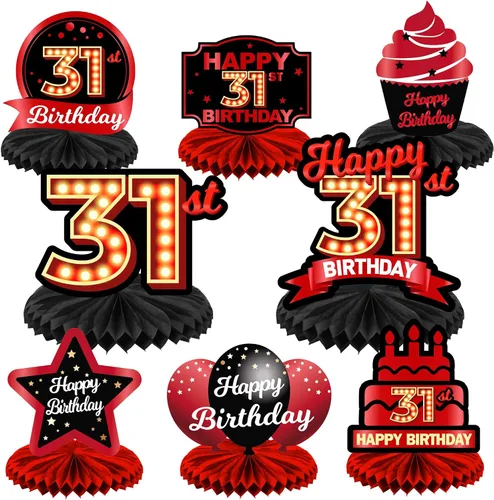 Miniatura 70 de Feliz Cumpleaños 15 Centros de Mesa de Panal Rojo y Negro Globos Decoración Temática de Mesa Decoraciones de Mesa Adornos de Mesa para Niñas Mujeres