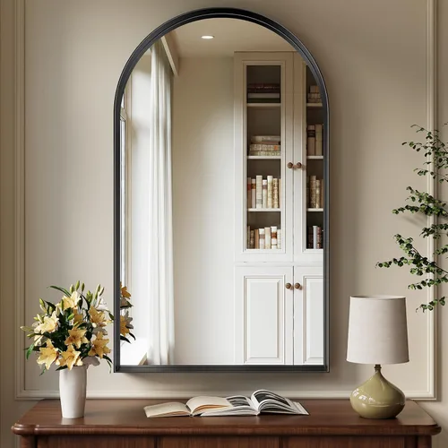Miniatura 21 de Brightify - Espejo arqueado dorado de 24 x 32 pulgadas, espejo de pared con marco de metal de latón para baño, espejo arqueado superior para tocador