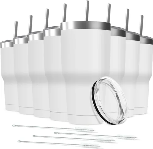 Miniatura 20 de Taza de viaje de acero inoxidable de 30 onzas con tapa, paquete de 6 vasos de doble pared aislados al vacío a granel con 6 pajitas, taza de café