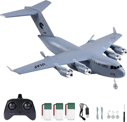 Avión RC, C-17 Globemaster III Avión de transporte militar, avión RC de 2 canales 2.4 GHz listo para volar con estabilizador giroscopio de 6 ejes