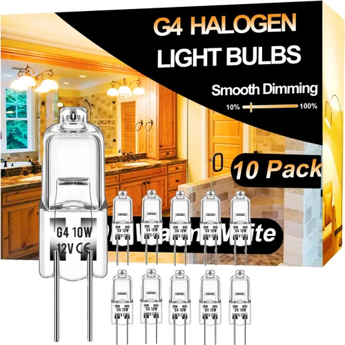 Bombillas halógenas de 10 W 12 V - 10 paquetes de bombillas halógenas G4 de larga duración, de alto rendimiento, regulables con base G4 de doble