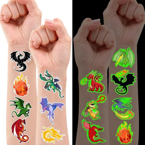 Miniatura 2 de 96 tatuajes temporales precortados de dragón, suministros de fiesta de cumpleaños, decoraciones de caballero dragón, súper lindo falso para niños