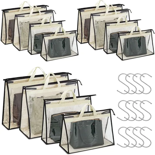 Miniatura 7 de Paquete de 9 bolsas antipolvo para bolsos, almacenamiento transparente de bolso, organizador de almacenamiento de bolsos para armario, funda