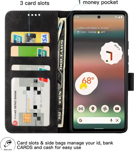 Miniatura 3 de Funda tipo cartera con tapa para Google Pixel 6a, [piel sintética + parachoques de TPU] [3 ranuras para tarjetas] [función de soporte]