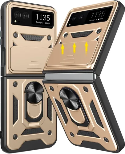 Miniatura 12 de Funda para Motorola Razr 2023 con cubierta de cámara y soporte, protección de lente deslizante + soporte de anillo giratorio de 360°, resistente a