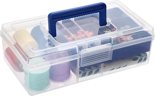 Miniatura 9 de BTSKY Caja de almacenamiento de plástico transparente con bandeja extraíble, caja de almacenamiento de papelería multiusos con asa, práctica caja