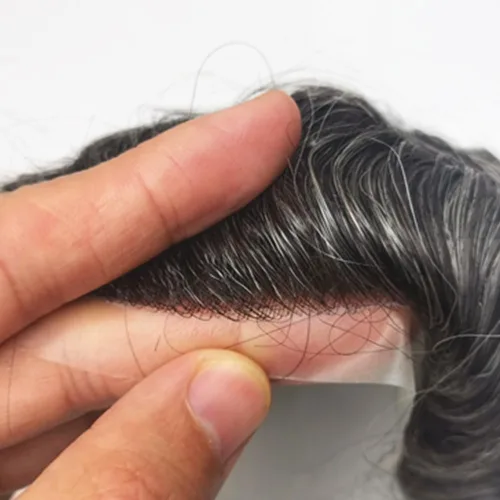 Miniatura 7 de N.L.W. Peluquín de cabello humano para hombres, base de piel fina de 0.04mm PU, tamaño base 25 x 20 cm, nudos en V, prótesis capilar, sistema