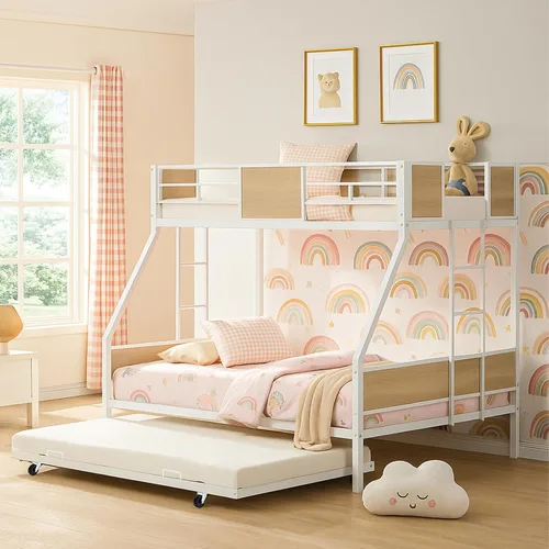 Miniatura 4 de Literas triples de tamaño individual sobre matrimonial para niños, literas triples de metal resistente con escaleras laterales, marco de metal