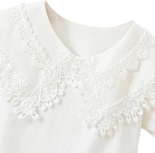 Miniatura 2 de Blusa bordada de encaje para niña pequeña, manga corta, cuello de muñeca de algodón, camiseta de uniforme escolar