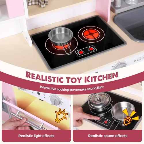 Miniatura 4 de EDUBEBO Juego de cocina para niños, cocina de juego de madera, altura ajustable, viene con varios accesorios de cocina, juguete de juego de rol Rosa