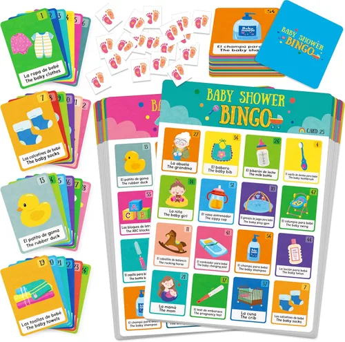 Gethelud Juego de bingo para baby shower, 25 tarjetas de bingo bilingües en español e inglés para fiesta de revelación de género, baby shower,